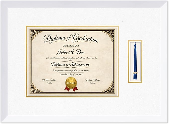 Diploma Frame with Tassel Holder Bright White Shadowbox Oyster Shell Over Gold Mat - Fits 13 x 10 Degree Made in the USA