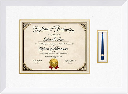 Diploma Frame with Tassel Holder Bright White Shadowbox Oyster Shell Over Gold Mat - Fits 13 x 10 Degree Made in the USA