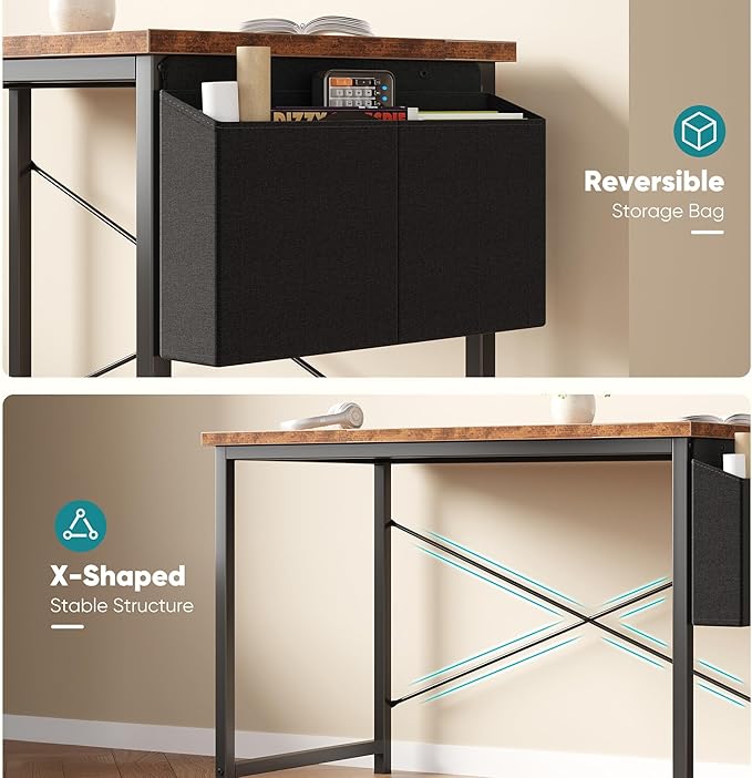 OLIXIS Computer Desk 44 Inch Home Office Desks for Small Spaces, Gaming Writing Study Work Table with Storage Bag and Headphone Hook for Bedroom, Rustic Brown
