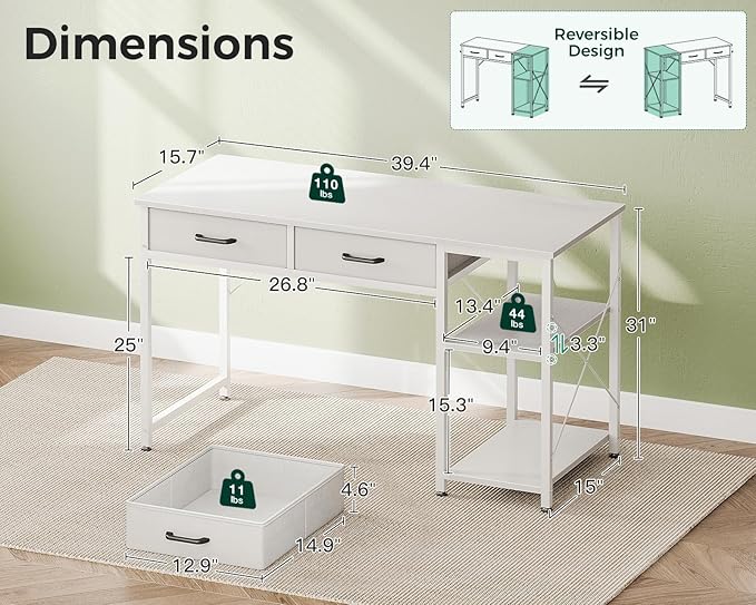 Coleshome Small Computer Desk with Drawers, 40 Inch Reversible Home Office Desk with Storage Shelves, Study Laptop Vanity Table for Bedroom Small Space, White