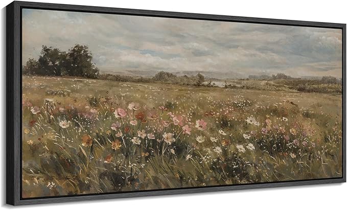 SIGNFORD Extra Large Framed Canvas Pastoral Flower Field Landscape Classic Illustrations Modern Art Calm Warm for Living Room, Bedroom, Office - 60"x30"