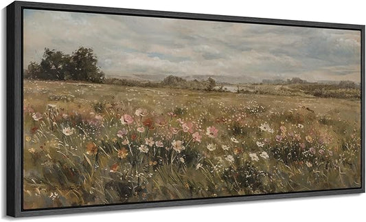 SIGNFORD Extra Large Framed Canvas Pastoral Flower Field Landscape Classic Illustrations Modern Art Calm Warm for Living Room, Bedroom, Office - 60"x30"