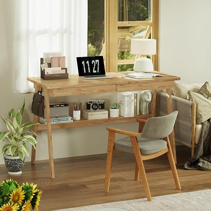 Solid Wood Desk with Drawers - 47.2 Inch Writing Desk with Drawers & Storage Shelf, Simple Modern Study Table, Home Office Computer Desks for Bedroom & Home, Natural Boho Desks