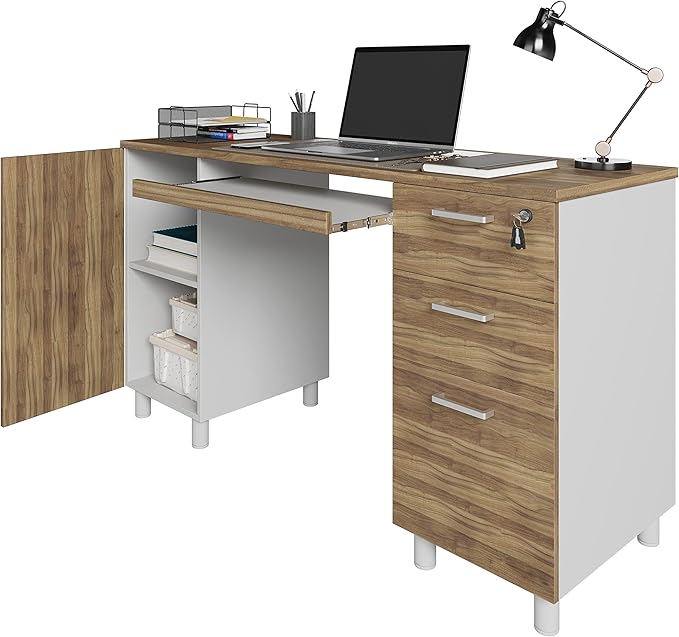 Modern Design Venice Computer Office Desk with 3 Locking Drawers and Storage Cabinet, 53 Inch Home and Office Executive Walnut and White Desk with Keyboard Tray by Crafts and Comfort