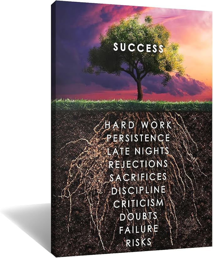 QYHART Success Tree Wall Art HD Printed Pictures Canvas Inspirational Motivation Entrepreneur Quotes Pictures Posters Home Decor Nordic Painting Frame for Living Room Ready to Hang [18''W x 12''H]