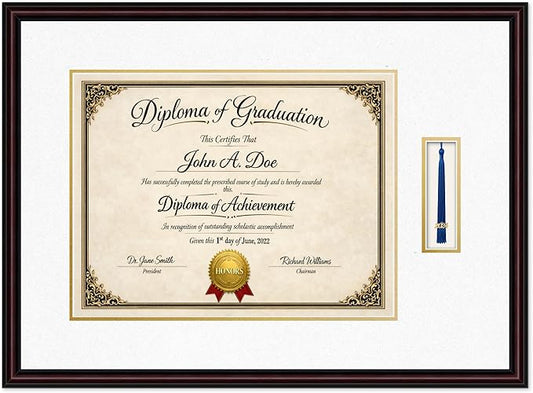 Diploma Frame with Tassel Holder 27.25 x 20 Executive Brown Shadowbox Oyster Shell Over Gold Mat - Fits 17 x 13 Degree Made in the USA