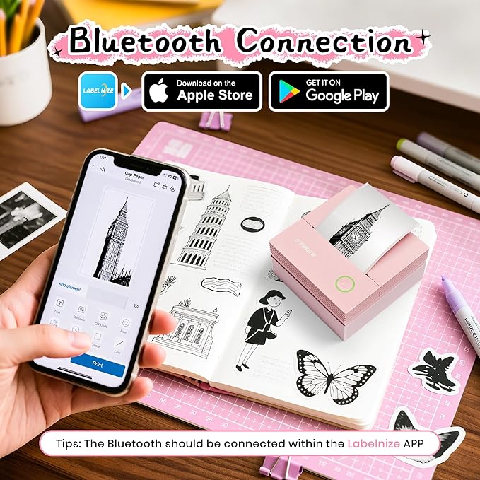 Sticker Printer, PM290C Thermal Mini Printer, Bluetooth Print Pod with 3 Rolls of Paper, Portable Print Pods for Phone & Tablet, Sticker Maker Machine for Notes, Photos, Journal, Rose Pink