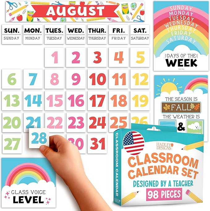 Hadley Designs Classroom Calendar Set Bulletin Board Decorations - Colorful School Calendar for Classroom Decor, Kindergarten Preschool Elementary Teacher Must Haves, Homeschool & Daycare Essentials