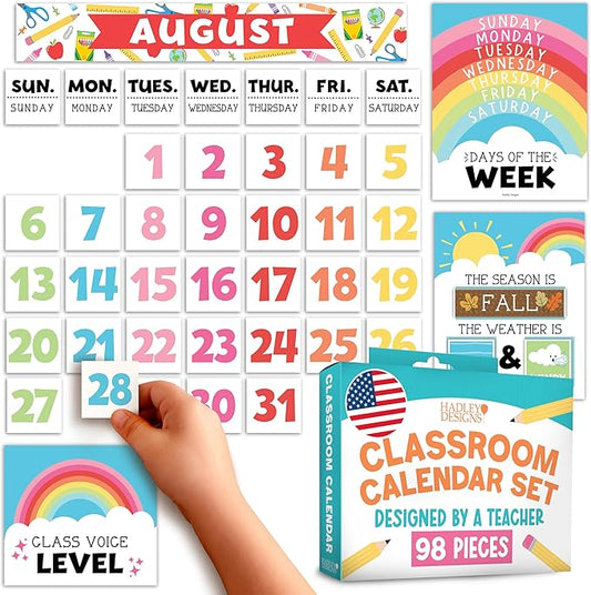Hadley Designs Classroom Calendar Set Bulletin Board Decorations - Colorful School Calendar for Classroom Decor, Kindergarten Preschool Elementary Teacher Must Haves, Homeschool & Daycare Essentials