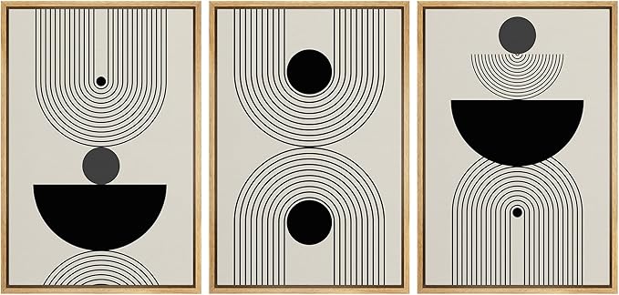 IDEA4WALL Framed Canvas Print Wall Art Set Geometric Dark Circle Striped Polygon Collage Abstract Shapes Illustrations Modern Art Nordic for Living Room, Bedroom, Office - 24"x36"x3 Natural