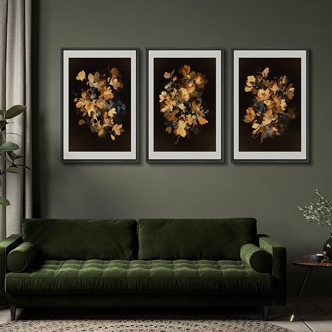SIGNFORD Framed Wall Art Print Set Golden Blossom Watercolor Floral Warm Botanical Digital Art Modern Art Contemporary for Living Room, Bedroom, Office - 24"x36"x3 BLACK