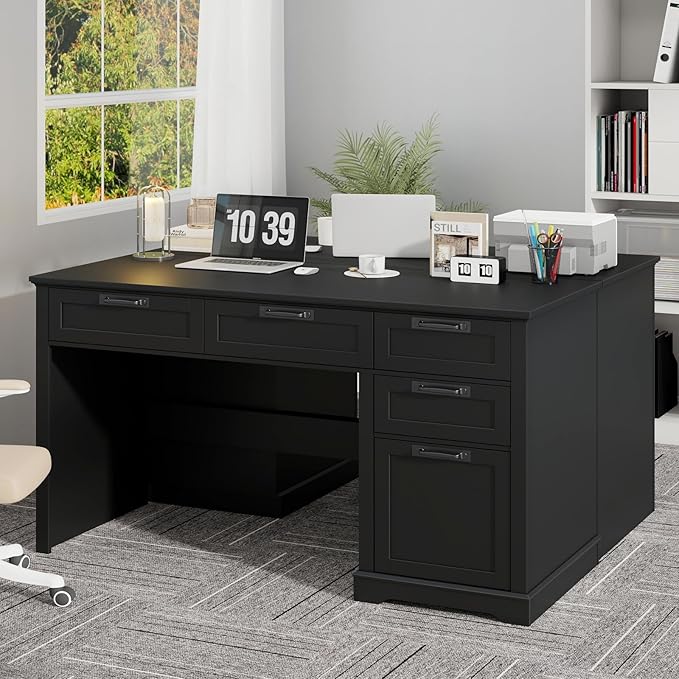 Vabches 55" Farmhouse Home Office Desk with File Drawer, Executive Computer Desk with 4 Storage Drawers, Rustic Computer Desk for Working, Studying, Writing, Black