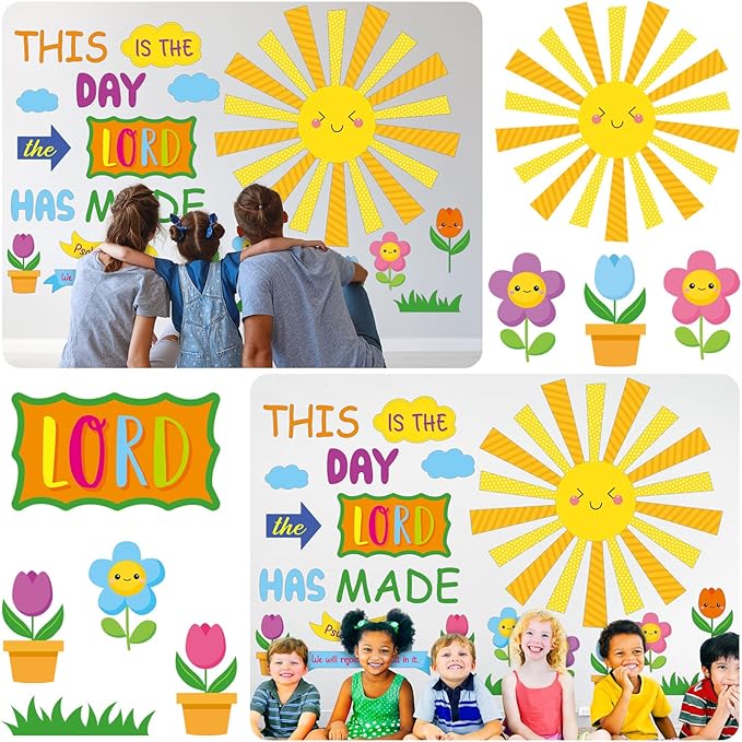 150 Pcs Spring Christian Bulletin Board Set Sunday School Bulletin Board Inspired Religious Classroom Decoration for Teacher Sunday School VBS Bible Church Summer Wall Decor(Bright Colors)