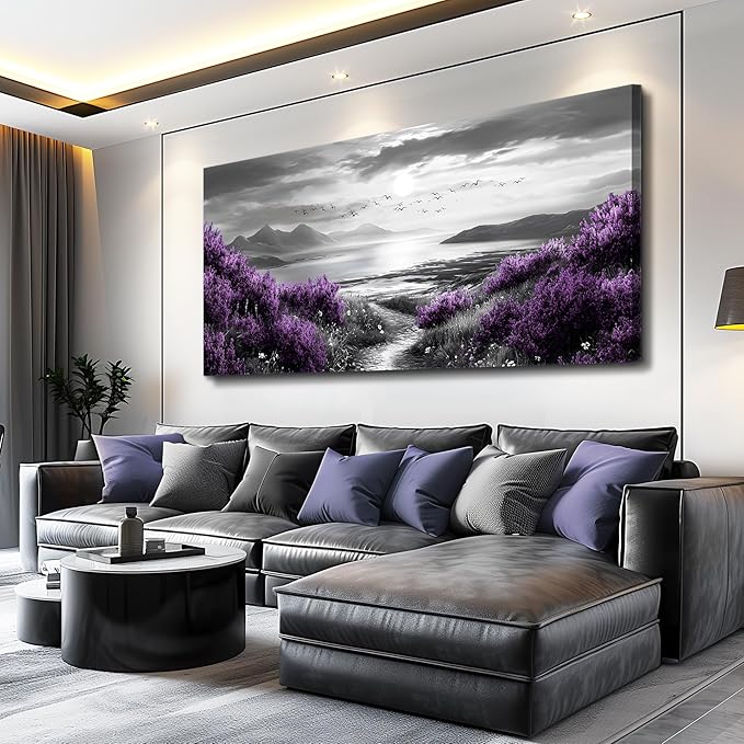 Canvas Wall Art for Living Room Large Wall Decor for Bedroom Modern Office Wall Decoration Purple Flowers Landscape Paintings Black and White Scenery Pictures Artwork Aesthetic Home Decor