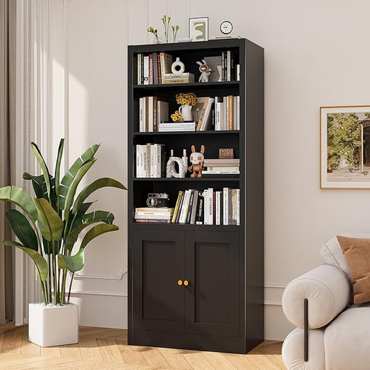Black Bookcase, Library Office Book Shelf with Adjustable Shelves, Tall Bookcase with Doors for Bedroom Living Room Kitchen. Metal Bookshelf Ideal for Home Organization & Stylish Upgrades