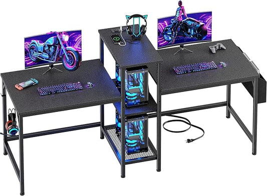 Furologee Double Desk with Power Outlets, 71 Inch Computer Desk with Storage Bag and Headphone Hooks, Gaming Desk Study Writing Table for Home Office, Black