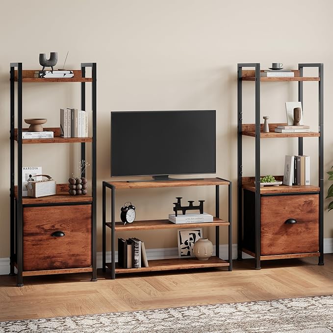 DUMOS 4 Tier Bookshelf, Bookcase with Fabric Drawer, Multi-Functional Display Standing Shelf for CDs/Books/Movies, Wood and Metal Storage Organizer in Bedroom, Living Room and Closet, Rustic Brown