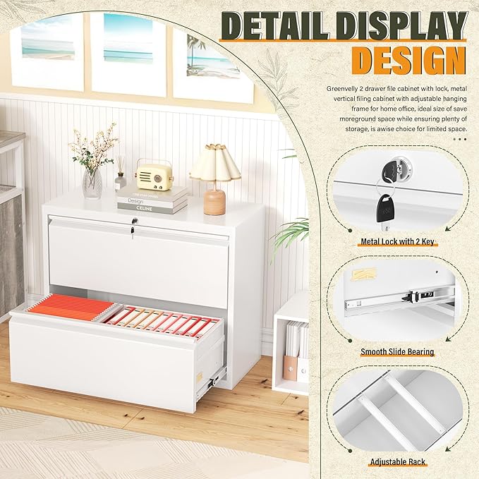Greenvelly 2 Drawer File Cabinet, White Lateral File Cabinet with Lock, Metal Filing Cabinet for Home Office, Lockable Metal File Cabinet for Legal/Letter/A4/F4 Size with Hanging Bars&Key