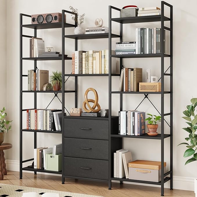 Triple Bookshelf with 3 Fabric Drawers, 5-Tier Book Shelf and 10 Display Shelves, Industrial Large Bookcase for Home & Office, Black, 47'' Wide