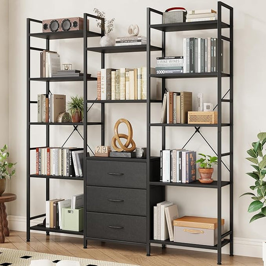 Triple Bookshelf with 3 Fabric Drawers, 5-Tier Book Shelf and 10 Display Shelves, Industrial Large Bookcase for Home & Office, Black, 47'' Wide