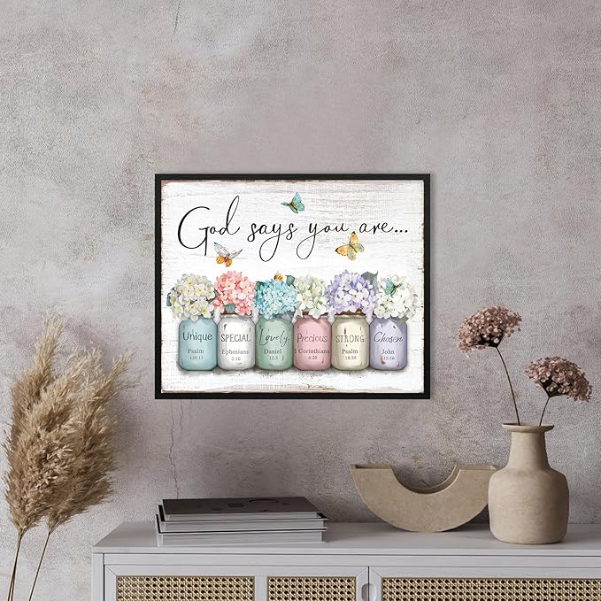 God Says You Are Wall Art: Inspirational Quotes Christian Wall Art Bible Verses Wall Decor Religious Gifts for Women Girls,Hydrangea Flower in Mason Jar Picture Poster Bedroom Decor 16"x20"