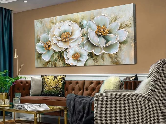 Arjun Vintage Wall Art Canvas Flower for Living Room, Rustic Floral Painting Bedroom Teal Gold Textured Picture Framed Artwork Dining Room Kitchen Home Office Wall Decor, Extra Large 58"x29"