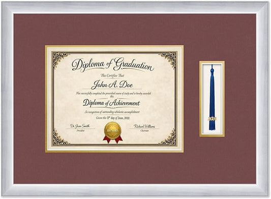 Diploma Frame with Tassel Holder 21.25 x 15.5 Stainless Silver Shadowbox Dark Red Over Gold Mat - Fits 11 x 8.5 Degree Made in the USA