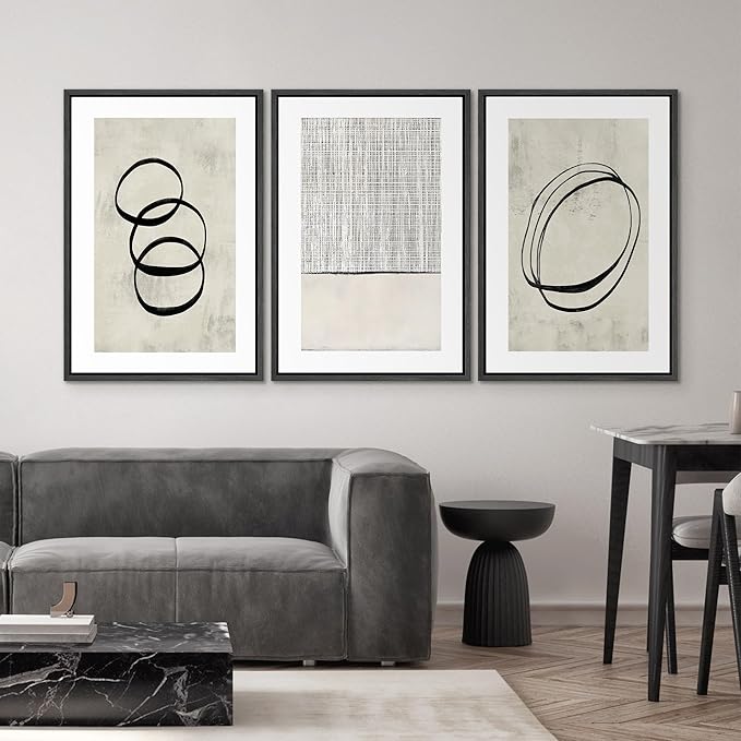 SIGNWIN Framed Canvas Print Wall Art Set Geometric Ring Grid Landscape Graffiti & Street Art Abstract Cozy Neutral Modern Art Decorative Nordic for Living Room, Bedroom, Office - 16"x24"x3 Black