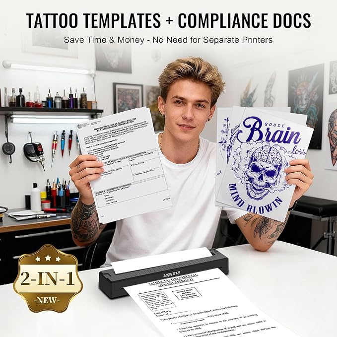 2026 New 2 in 1 Tattoo Stencil & Document Printer, Wireless Bluetooth Thermal Printer - HD Fast Transfer, Portable Easy-to-Use for Tattoo Artists/Shops, Travel, Home, Office - Black