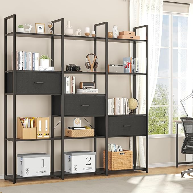 Semoic Triple Wide 6 Tiers Industrial Book shelf with 3 Drawers and Storage Shelves, 73.6" Tall Bookcase with 16 Open Display Shelves, Large Etagere Bookshelf with Metal Frame for Home & Office, Black