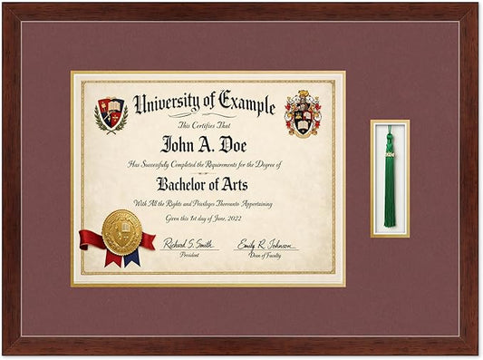 CountryArtHouse Diploma and Tassel Frame Fits 14 x 11 College Diploma (Modern) with Tassel Rustic Walnut Genuine Hardwood Shadowbox with Dark Red Over Metallic Gold Double mat