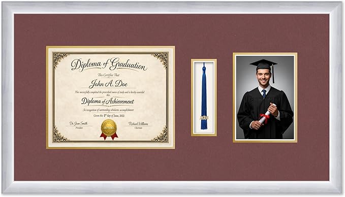 Diploma Tassel and Photo Frame Stainless Silver Shadowbox Dark Red Over Gold Mat - Fits 10 x 8 Degree Picture Made in the USA