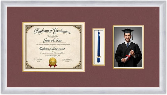 Diploma Tassel and Photo Frame Stainless Silver Shadowbox Dark Red Over Gold Mat - Fits 10 x 8 Degree Picture Made in the USA