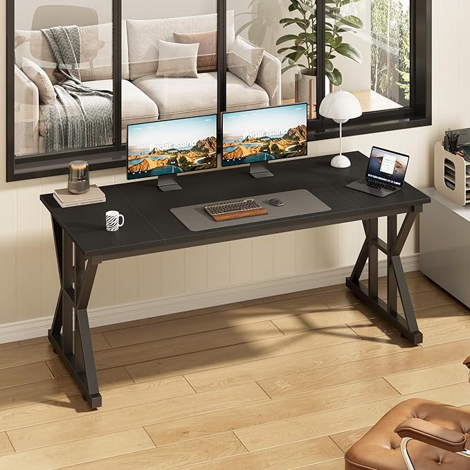 TVU Computer Desk, 55 inch Large Office Desk, Study Writing Table with Thicken Frame, Gaming Desk, Modern Simple Desk for Home Office, Black