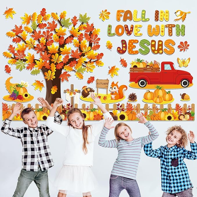 gisgfim Fall Thanksgiving Bulletin Board Decorations Fall in Love with Jesus Paper Cutout Christian Tree Bulletin Board Set for Religious Autumn Church Sunday School Classroom Home Wall Decor Supplies