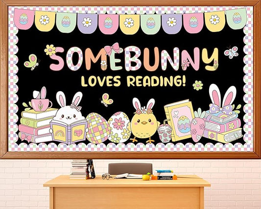 Easter Reading Bulletin Board Set Spring Classroom Decoration Easter Bunny Bulletin Board Egg Paper Cutouts for School Nursery Home Door Wall Party Chalkboard Wall Decor
