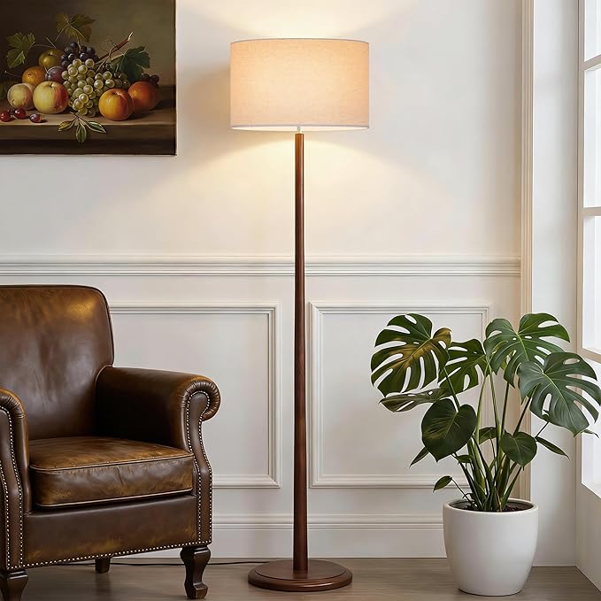 61" Rustic Walnut Wood Floor Lamp for Living Room, Retro Farmhouse Tall Lamp for Bedroom, Mid Century Standing Lamp with Linen Shade for Home Corner, Office, Dining Room, Bulb not Included, Beige