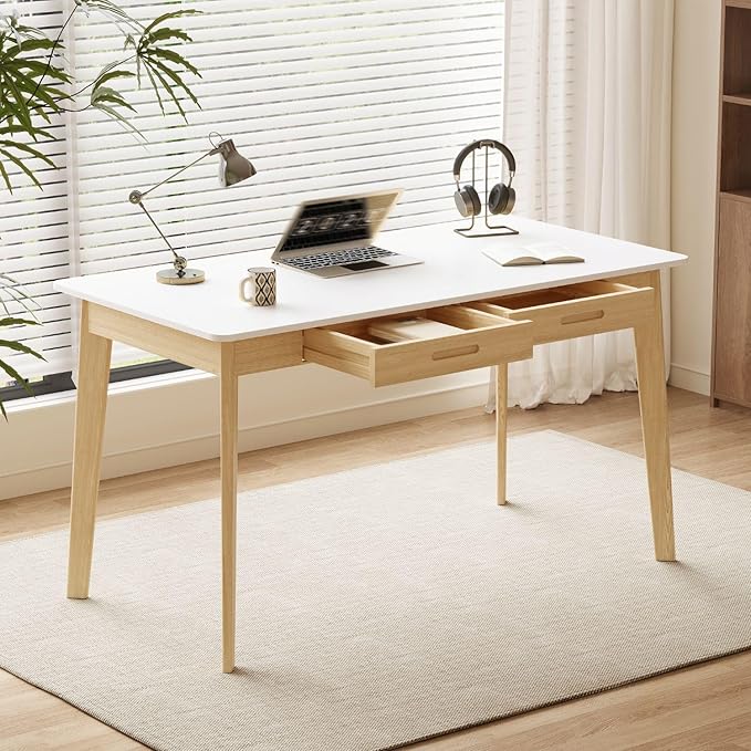 47 Inch Compact Computer Gaming Desk, White Study Work Office Desk with 2 Storage Drawers, Rectangular Study Reading Table, Simple Computer Writing Table for Home Office, Living Room