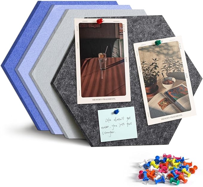 4 Pack Hexagon Felt Bulletin Board Tiles - 11.8" Large Thick Pin Board for Walls with 30 Push Pins, DIY Boards for Office Home School Decor, Aesthetic Hex Cork Board Alternative