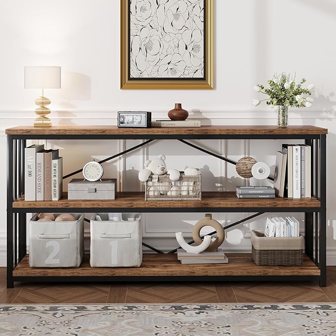 HSH Long Horizontal Bookshelf, Rustic Wood Low Etagere Bookcase for Bedroom, Industrial Metal 3 Tier Book Shelf for Living Room, Vintage Wide Open Large Bookshelves for Home Office, Brown, 63 Inch