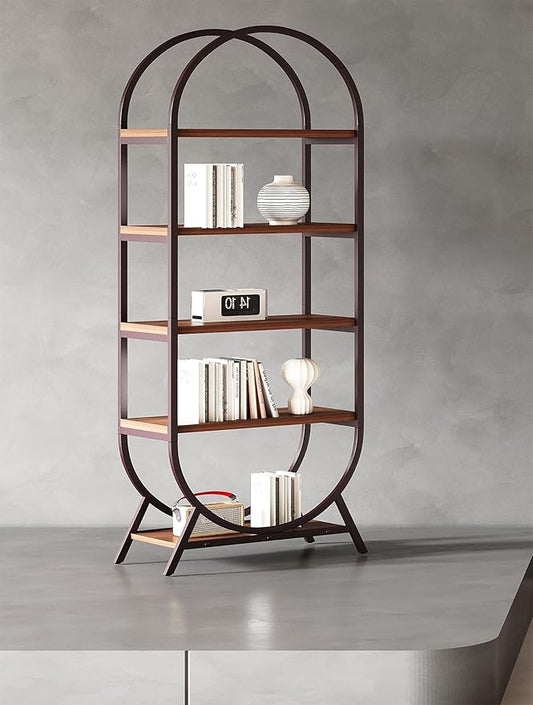 Bookshelf Arched Bookcase, 5 Tier Open Freestanding Display Shelf for Home Office, Living Room, Walnut