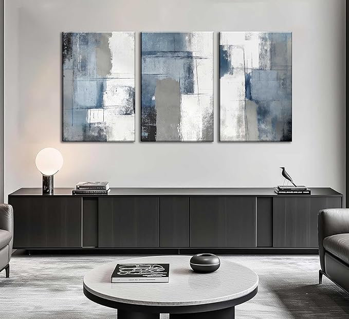 3 Pcs Navy Blue Abstract Canvas Wall Art Modern Minimalist Neutral Blue and Grey Paintings Pictures Wall Decor Poster Print Artwork for Living Room Bedroom Office Home Decoration