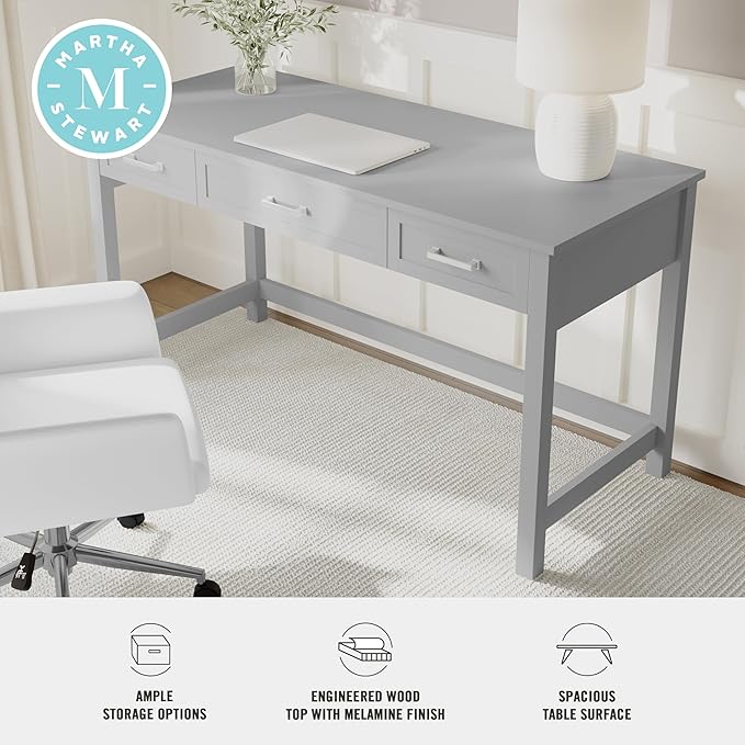 Martha Stewart Hutton Shaker Style Home Office Desk with 3 Drawers in Gray with Brushed Nickel Hardware