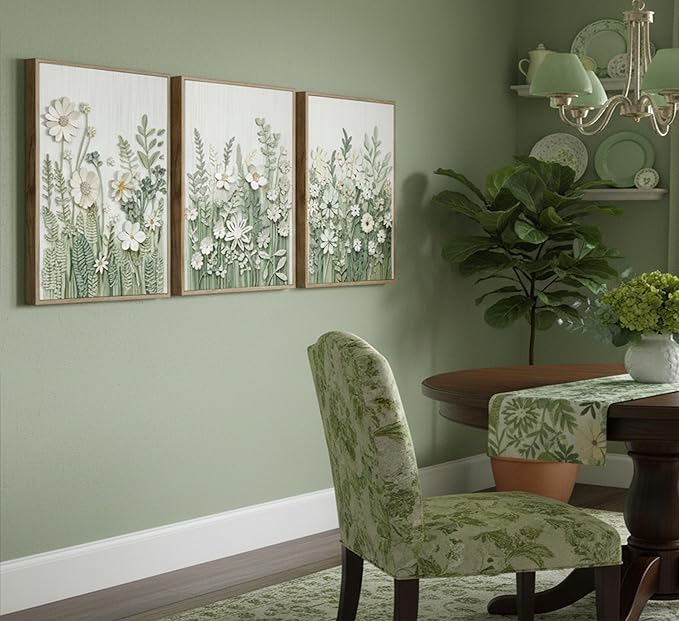 3 Pcs Sage Green Wildflowers Canvas Wall Art Neutral Minimalist Abstract Boho Floral Botanical Painting Pictures Wall Decor Poster Print Artwork for Living Room Bedroom Home Decoration Unframed