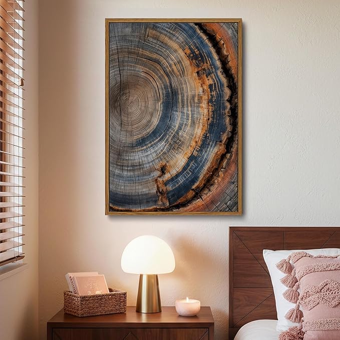 IBHJSART Framed Tree Ring Canvas Wall Art Vintage Colorful Wood Stump Painting Prints Modern Minimalist Pictures Neutral Nature Rustic Farmhouse Decor Living Room Bedroom Bathroom Office 12"x16" Natural Framed