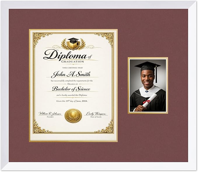 CountryArtHouse Fits 11 x 14 College Diploma (Portrait) and 5 x 7 Photo Diploma and Photo Frame Bright White Genuine Hardwood with Dark Red Over Metallic Gold Double mat