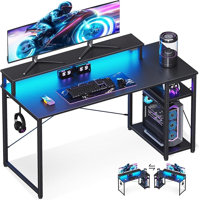 MOTPK 48 Inch Gaming Desk with Storage & Led Lights, Computer Desk with Shelf, Reversible Gamer Desk with Monitor Stand, Carbon Fiber Texture Black