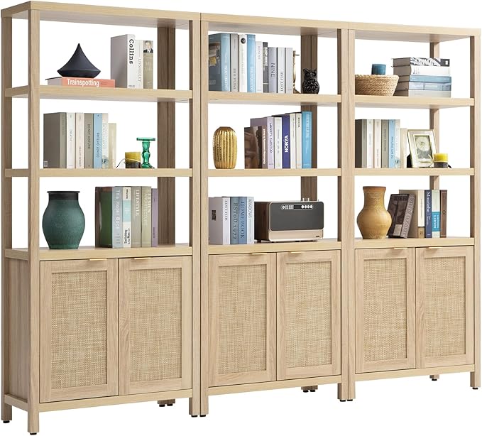 SICOTAS Bookshelf 5 Tier Book Shelf Rattan Boho 71" Tall Bookcase with Doors Storage Shelves Large Bookshelves Farmhouse Bookcases Library Book Case for Living Room Bedroom Home Office Kitchen