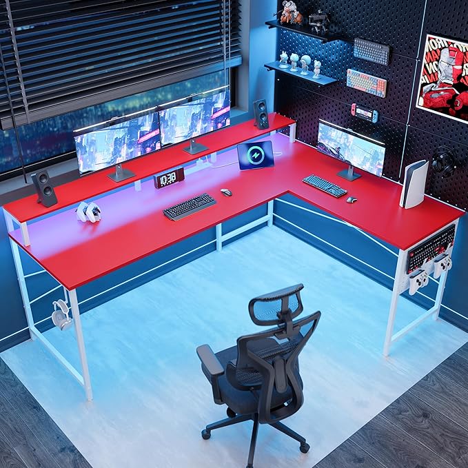 Pamray 64 Inch L Shaped Gaming Desk with Power Outlets and Led Lights, Large Corner Computer Desk with Monitor Stand and Pegboard, PC Table for Home Office and Bedroom Red