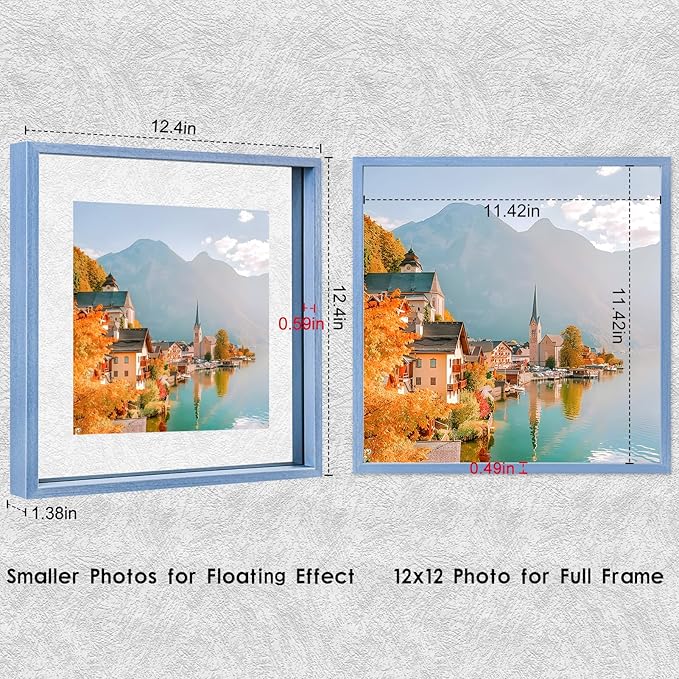 MUYE 12x12 Floating Frame Set of 2,Double Real Glass Square Photo Frame,Display Any Size Photo up to 12x12,Wall Mount or Tabletop Standing,Blue